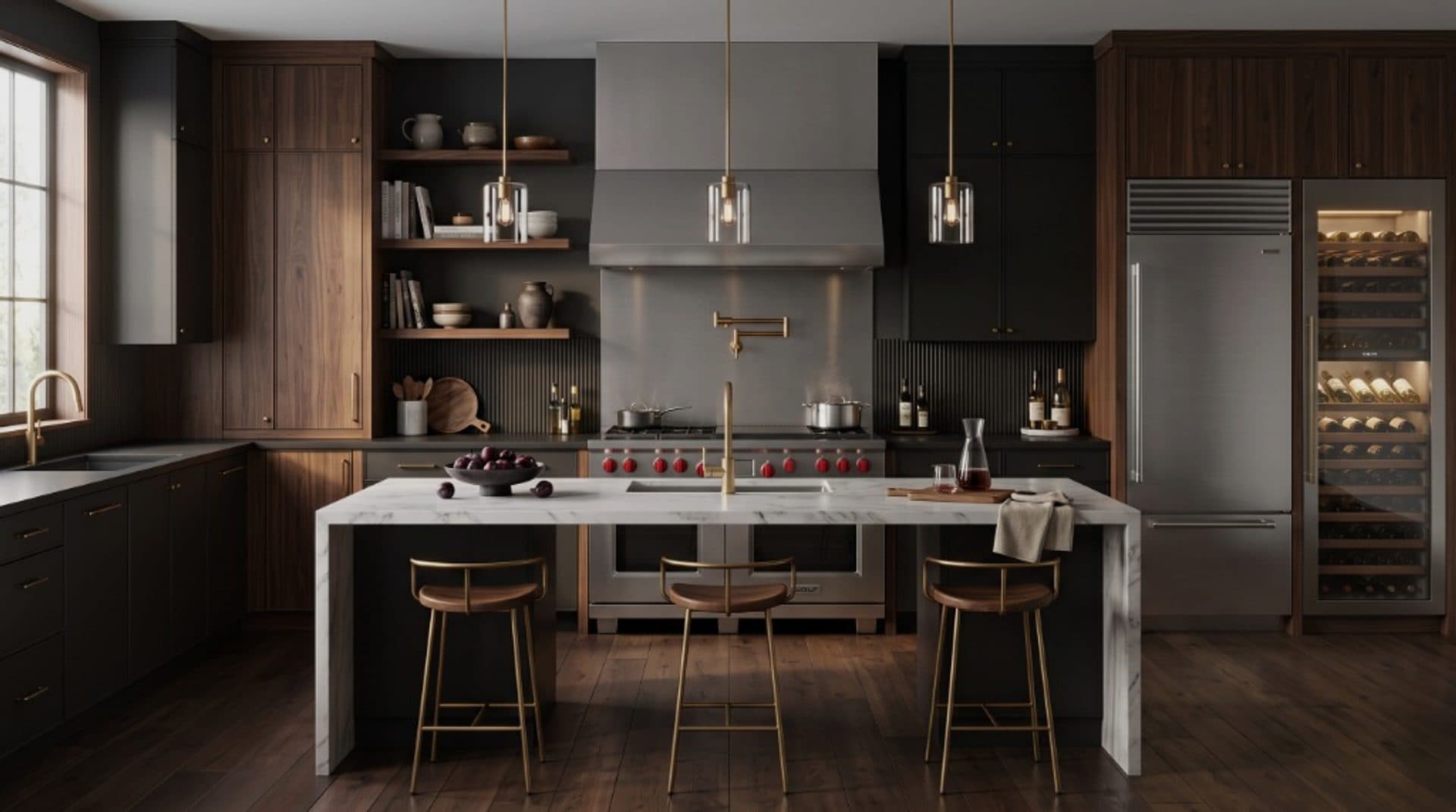 Dark luxury kitchen with Wolf range, red knobs, stainless hood, Sub-Zero wine cooler, walnut cabinetry, marble island, and brass fixtures